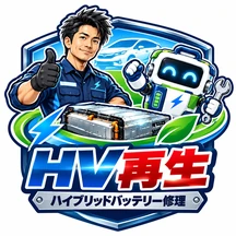 整備士とロボットを描いたHV再生の盾型ロゴ